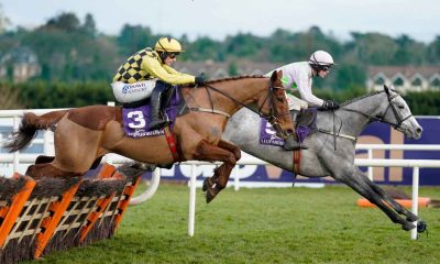 Paul Townend riding State Man (left) and Danny Mullins riding Lossiemouth during The Irish Champion Hurdle at Leopardstown Racecourse