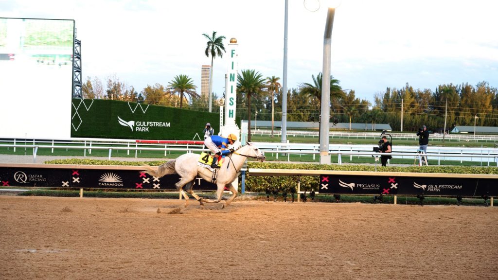 White Abarrio crosses the finish line and wins the race during Pegasus World Cup 2025 at Gulfstream Park