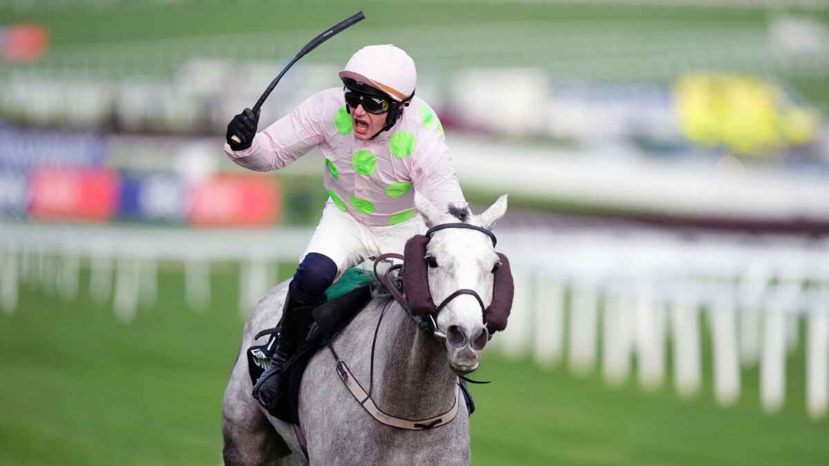 Paul Townend celebrates aboard Lossiemouth after winning the Unibet Champion Hurdle on day one of the 2026 Cheltenham Festival